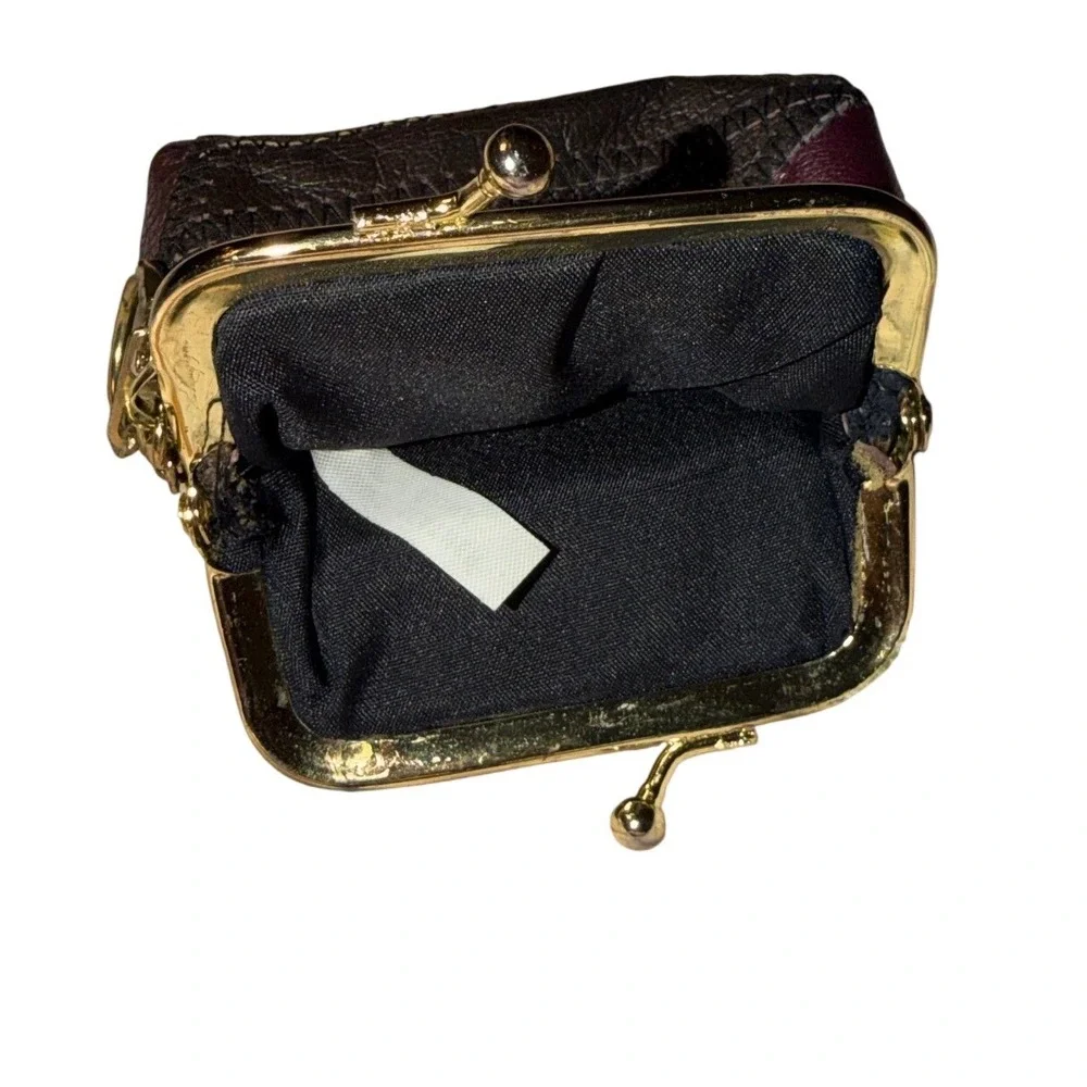 Vintage Boho Patchwork Leather Coin Purse Kiss Lock Keychain Bag Charm Retro